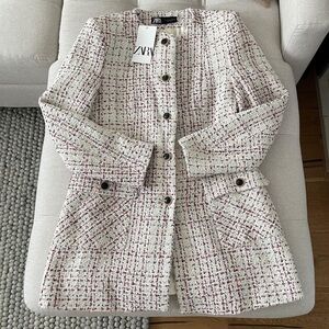 NWT TEXTURED COAT Long Tweed Blazer WHITE PINK Size XS